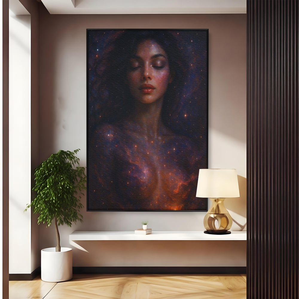 Tablou canvas cu tablou canvas cu femeie si galaxie, in rama de aluminiu negru